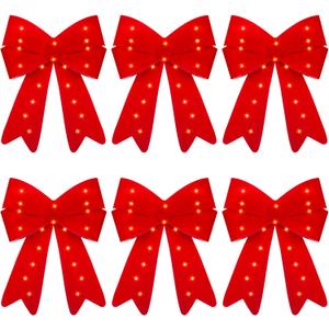 Zeyune 6 Pcs 10.63 x 15.35'' Velvet Red Christmas Bows with LED Lights Waterproof Christmas PVC Bow Large Plastic Lighted Bows for Christmas Tree Toppers Decor Wreath for Xmas Indoor Outdoor Decor