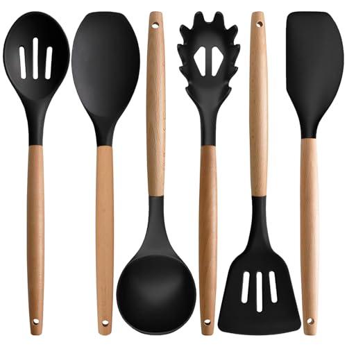 IOCBYHZ Silicone Kitchen Utensils Set of 6, Cooking Utensils Set with Heat Resistant Wooden Handle, Nonstick Silicone Spatula Spoon Turner Ladle, Cooking Kitchen Gadget for Cookware & Baking BPA FREE