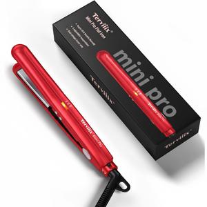 Terviiix Mini Flat Iron Adjustable Temperature, Travel-Size Mini Hair Straightener, Small Flat Irons for Short Hair/Curls Bangs, Ceramic Portable Tiny Hair Curler, Dual Voltage, Auto-Off, Red, 1/2''
