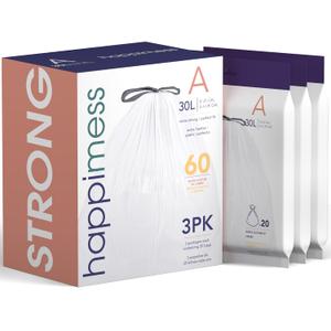 happimess HPM3000A-WHITE 7.9 Gallon Kitchen Drawstring Trash Bags, Trash Can Liner, White, 60-Count, 3-Packs of 20 Liners