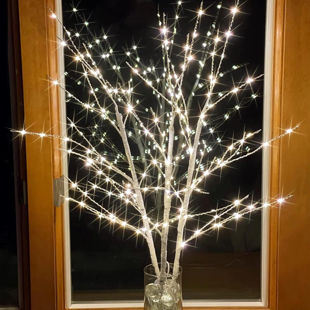 Bexdir Lighted Birch White Tree Branches 33IN 180LED with Timer Plug in, Artificial Tree White Birch Twig for Christmas Home Decor Party Wedding Bedroom