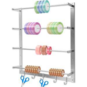 BATTIPAW 4-Tier Ribbon Wall Holder, Ribbon Wall Rack with Sliding Hooks, Wall Mounted Ribbon Organizer, Sewing Thread Wall Holder, Metal Wall Rack for Wire Spools, Fabric, Scarves, Belts, Towels