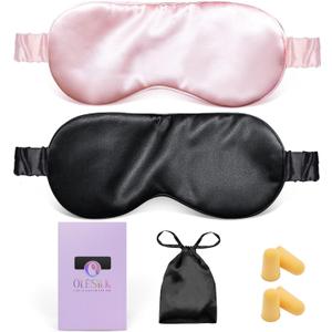 OLESILK 100% Natural Mulberry Silk Sleep Eye Mask 2 Pack with Double Layer Silk Filling, Blackout Eye Mask for Women Men Sleeping, Travel and Nap, Eye Cover Eyeshade with Gift Box, Pink & Black