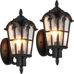 Outdoor Wall Light Fixtures Wall Mounted, Exterior Waterproof Porch Lights Wall Lanterns, Outside Wall Sconces with Water Ripple Glass for House Front Door Garage, Retro Vintage Style, 2 Pack (Black)