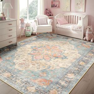 RELEANY Area Rugs 5'x7' Washable Non-Slip, Floral Vintage Distress Print Pattern Medallion Carpet for Living Room Bedroom Dining Room, Blue Orange Red