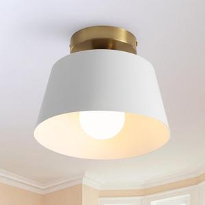 OFLNLL Metal Semi Flush Mount Ceiling Light, White and Gold Industrial Flush Mount, 9 Inch Single Lamp Base Hallway Light Fixtures, Perfect for Entryway Kitchen Laundry Room