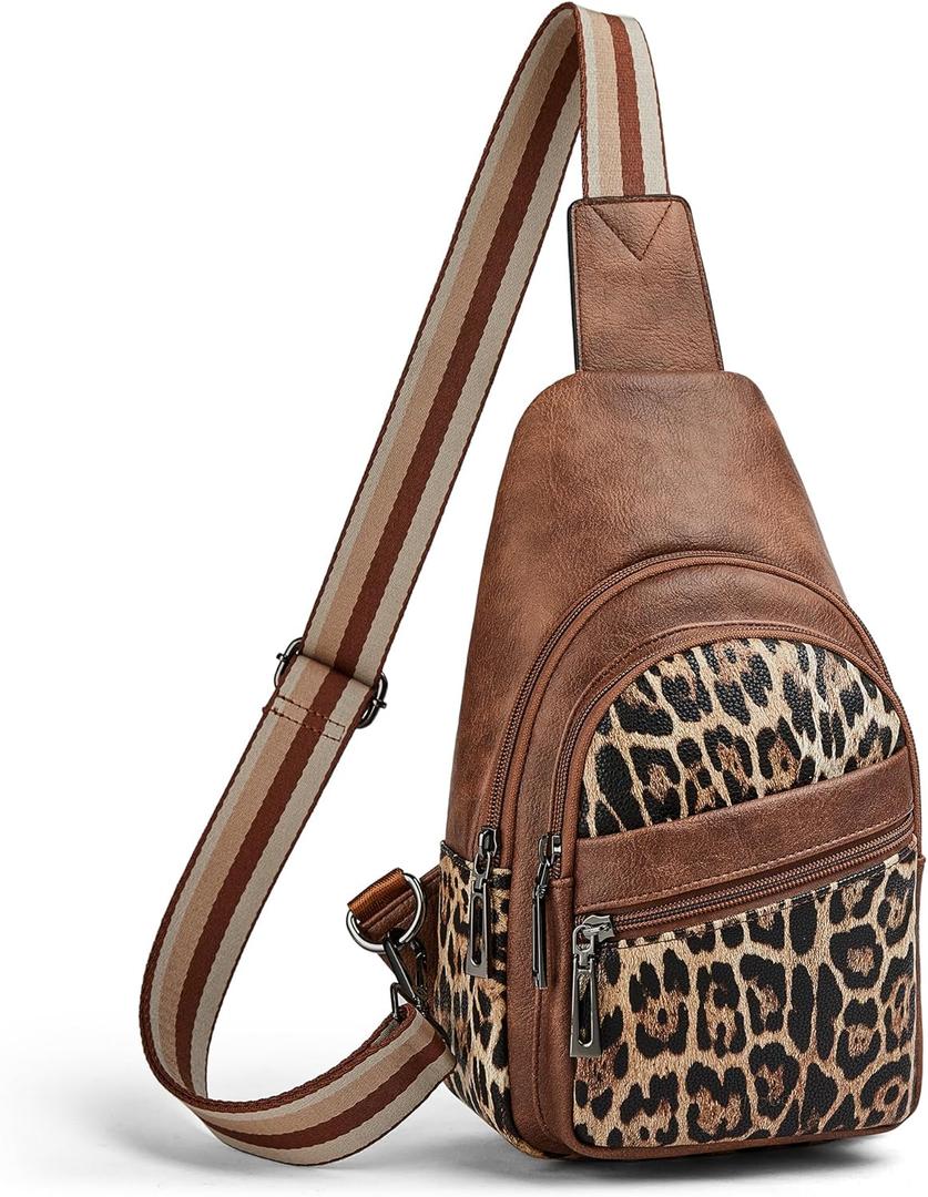 Sling Bag Crossbody Bags for Women Small Cross Body Bag Fanny Packs Chest Sling Purse for Daily Travel Leisure Sport, Leopard With Brown