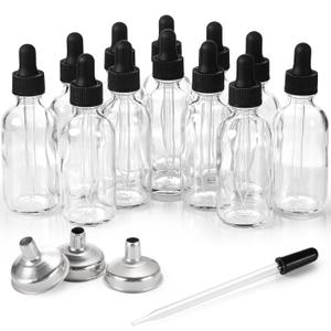 12 Pack, 2 oz Glass Eye Dropper Bottles w/ 3 Stainless Steel Funnels & 1 Long Pipette Dropper & 24 Labels - 60ml Clear Tincture Bottles for Essential Oils, Liquids - Leakproof Travel Essential Bottles