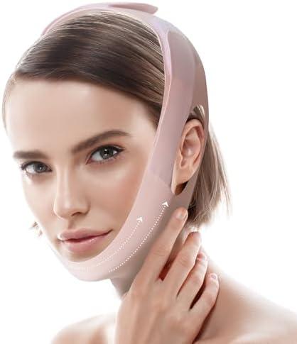 Jawline Shaper Chin Strap for Sleeping, Reusable V-Line Mask for Women Face Lifting Made w/Electric-Hot-Press Tech for Skin-Friendly & Breathable Cooling Fabric