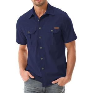 Men's Casual Button Down Shirts Outdoor Short Sleeve Summer Beach Elastic Shirt with Pocket (Blue, M)