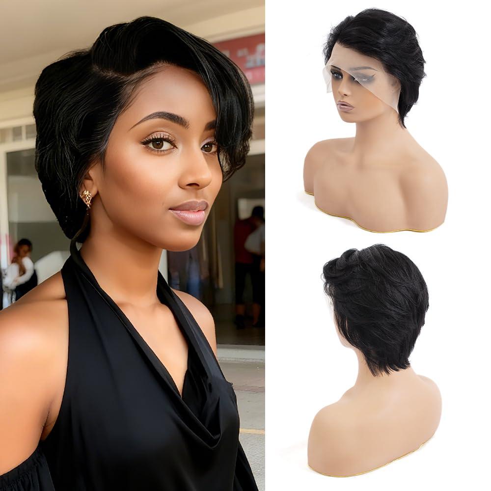13X4 Lace Front Wigs 100% Human Hair Pixie Cut Wig Pre Plucked 8inch Short Straight Bob Wigs for Black Women (Black, 8 inch)