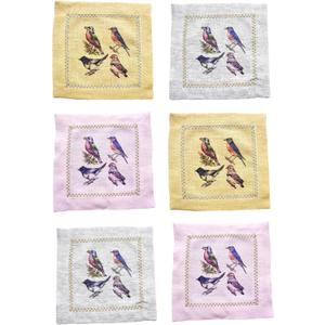 Cocktail Napkins Set of 6, 6x6 inch, 100% Linen, Printed Animal Pattern, Reusable & Washable Cloth Coasters for Beverages, Hosting, Gifting & Everyday Use (Four Birds - Colorful)
