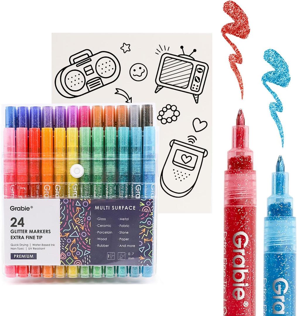 24 Colors Glitter Markers Pen, Glitter Metallic Shimmer Marker Extra-Fine Tip Glitter Acrylic Paint Markers, Quick-Drying Water-based Ink Glitter Pens for Adults, DIY Crafts Making