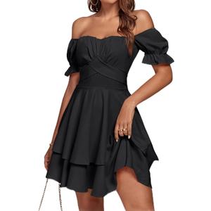 LYANER Women's Tie Back Off Shoulder Wrap Layer Ruffle A Line Short Sleeve Casual Mini Dress (Black) XL