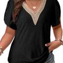 Eytino Womens Plus Size Tops Lace V Neck Petal Short Sleeve Blouse Eyelet Hollow Dressy Casual T Shirts(1X-5X) (2X, Black)
