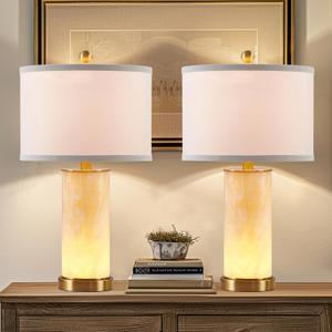 Natural Marble Bedside Table Lamp Set of 2 with Night Light Nightstand Lamps with White Linen Shade for Living Room Bedroom Hotel（Bulbs Included）