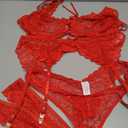 Lilosy Sexy Bow Feather Floral Lace Sheer Underwire Push Up Garter Lingerie Set (XX-Large, Red)