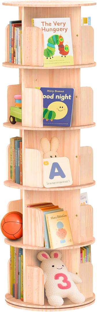 Rotating Bookshelf Tower,Corner Bookshelf for Small Space, 360 Display 5-Tier Wood Bookcase Storage Rack, Kids&Adults Spinning Book Shelf,Revolving Bookcase for Bedroom, Living Room