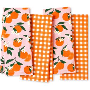 Kate Spade New York Squeeze The Day and Spring Gingham Kitchen Towels 4-Pack Set, Absorbent 100% Cotton, Orange/Pink, 17"x28"