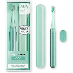 Aquasonic Icon ADA-Accepted Rechargeable Toothbrush | Magnetic Holder & Slim Travel Case | 2 Brushing Modes & Smart Timers | Gentle Micro-Vibrations (Mint) (1 Count (Pack of 1))