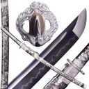 Handmade Katana Sword, Japanese Samurai Sword by T10 Steel Carbon Steel Clay Tempered, Full Tang, 40.5-Inch (Silver Dragon-T10)