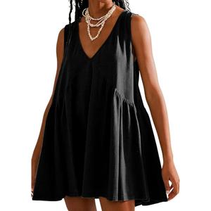 Fashion Women's V Neck Sleeveless Mini Dress Loose Summer Pleated Swing Flowy Sundress M