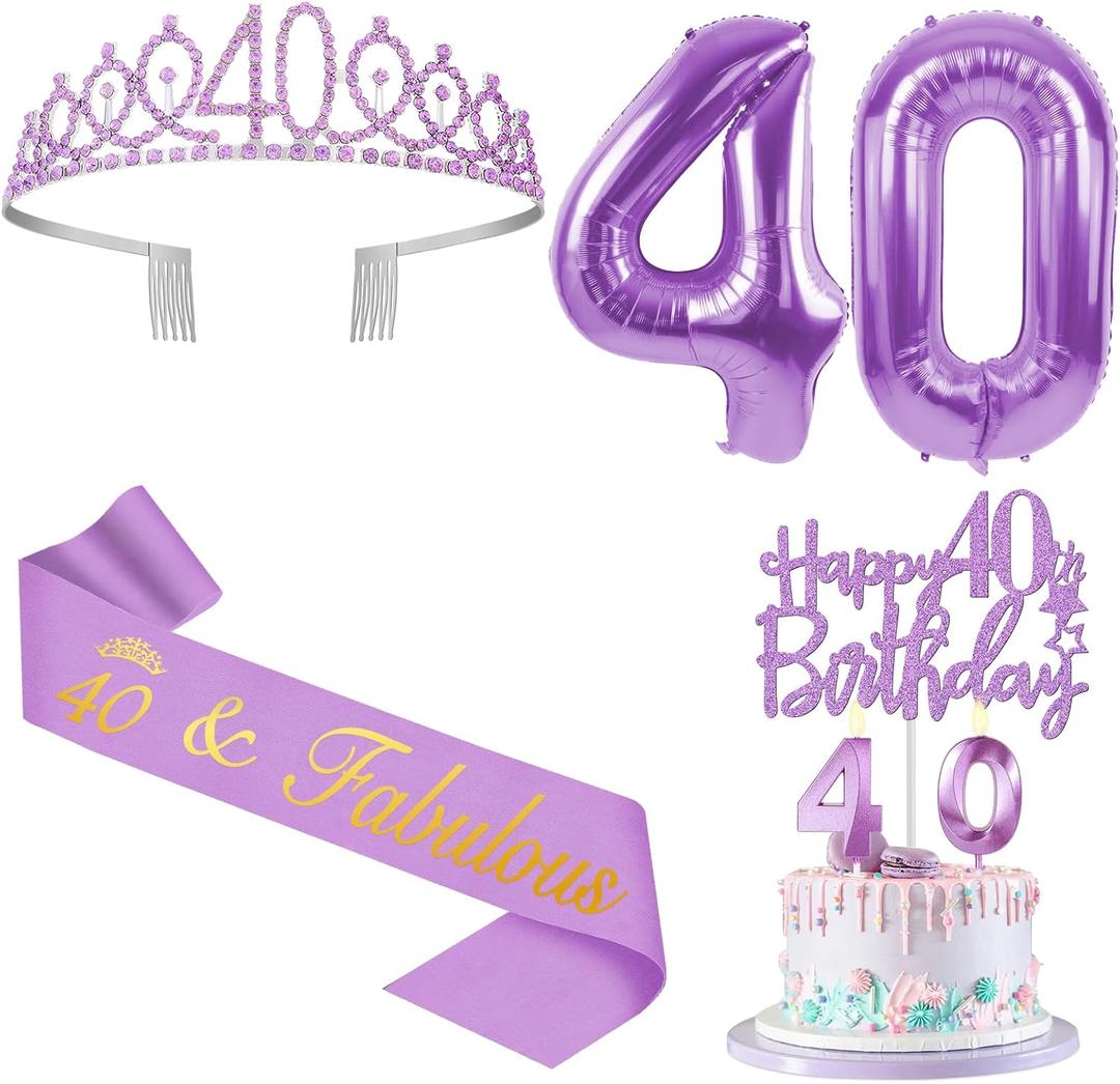 40th Birthday Decorations for Women Purple with 40th Birthday Sash and Crown, Cake Topper and Candles, Number Balloons, 40 Year Old Gifts for Women