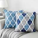 Beauoop Throw Pillowcover Soft Chenille Print Moroccan Geometric 2-Sided Pattern Blue and Gray Decorative Velvet Square Cushion Covers Standard Pillowcase Couch Sofa Bed Men/Women 18x18 Inch, Set of 2