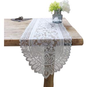 Tinsow 2 Pack Cotton Crochet Lace Rectangular Table Runner Dresser Scarf Doilies (White Style, 13" X 44")