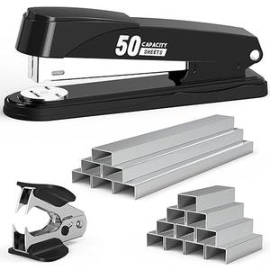 Metal Stapler Heavy Duty 50 Sheet Capacity with 1750 Staples and Staple Remover, Full Strip Staplers for Desk, No Jam, Non-Slip for Office & Classroom, Black