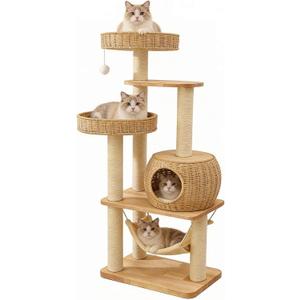 55" Wood Cat Tree for Indoor Cats Large Adult,Tall Cat Tower with Scratching Post and Cozy Hammock for Large Cat,Multi-Level Modern Cat Condo with Hand-Woven,Easy to Assemble and Clean
