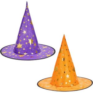 2 x Zando Halloween Kids Witch Hat For Boys Girls Women Star Print Wizard Hat Witch Hat Decoration Witch Accessories (One Size, X Purple & Orange)