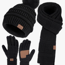 Remifa Winter Beanie Hat Scarf Gloves Set for Women, Slouchy Pom Pom Hat Long Knit Scarf Touchscreen Gloves Christmas Gifts