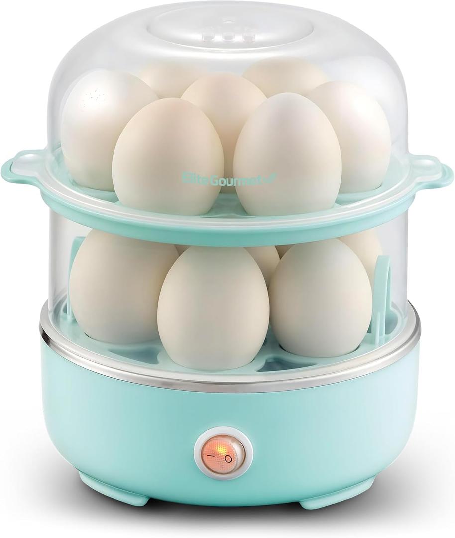 Elite Gourmet EGC1215M Easy Egg Cooker, Stainless-steel Heating Plate, Soft, Medium, Hard-Boiled, Auto Shut-Off, Omelets, Poached Eggs, Measuring Cup, Piercing Pin, Mint