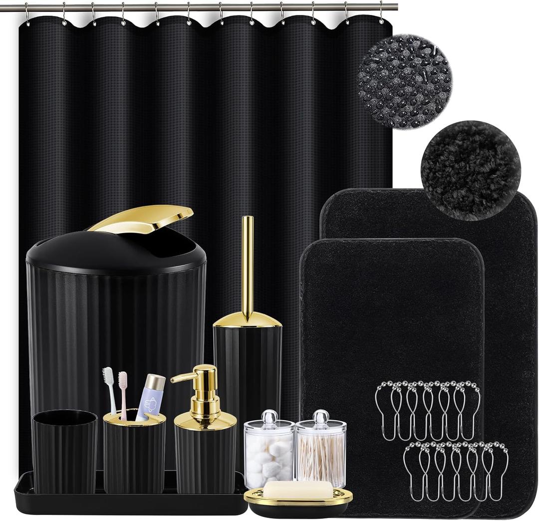 Black and Gold Bathroom Set with Shower Curtain and Rugs, Bathroom Accessories Sets with Extra Soft and Absorbent Bath Rugs Shower Curtain Black Bathroom Sets for Bath