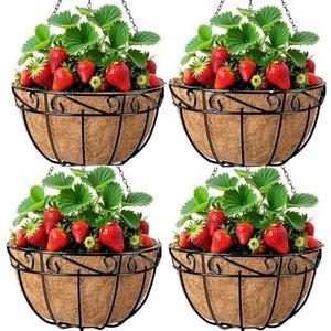 Amagabeli 4 Pack 14 Inch Metal Hanging Baskets Planter Outdoor Round Wire Hanging Basket for Plants with Coco Fiber Liners Chain Plant Holder for Garden Patio Deck Porch Plants Vegetables Flower Pots