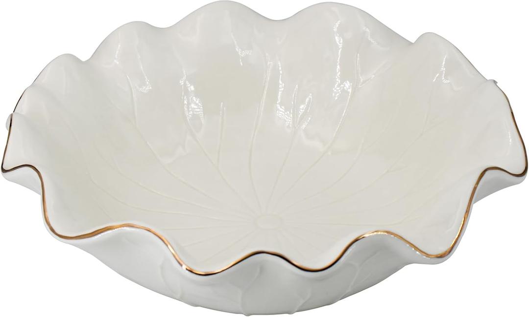 10" Large White Ruffle Lotus Design with Gold Trim Ceramic Fruit Bowl, Decorative Leaf Floral Bowl for Coffee Table Kitchen Counter and Home Decor Approx Capacity 45 fl oz