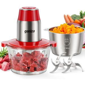 GANIZA Food Processors, Electric Food Chopper with Meat Grinder & Vegetable Chopper - 2 Bowls (8 Cup+8 Cup) with Powerful 450W Copper Motor - Includes 2 Sets of Bi-Level Blades (Red)
