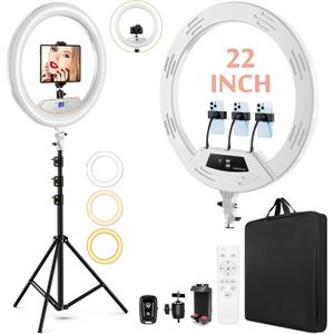 22"Ring Light with Stand,Ring Light Tripod for iPhone ipad,with 75"Tripod/LCD Display/4 ipad iPhone Clips/2 USB Ports,2600K-6500K Color Temperature,for Barber Makeup Tattoo TikTok Video Recording Vlog