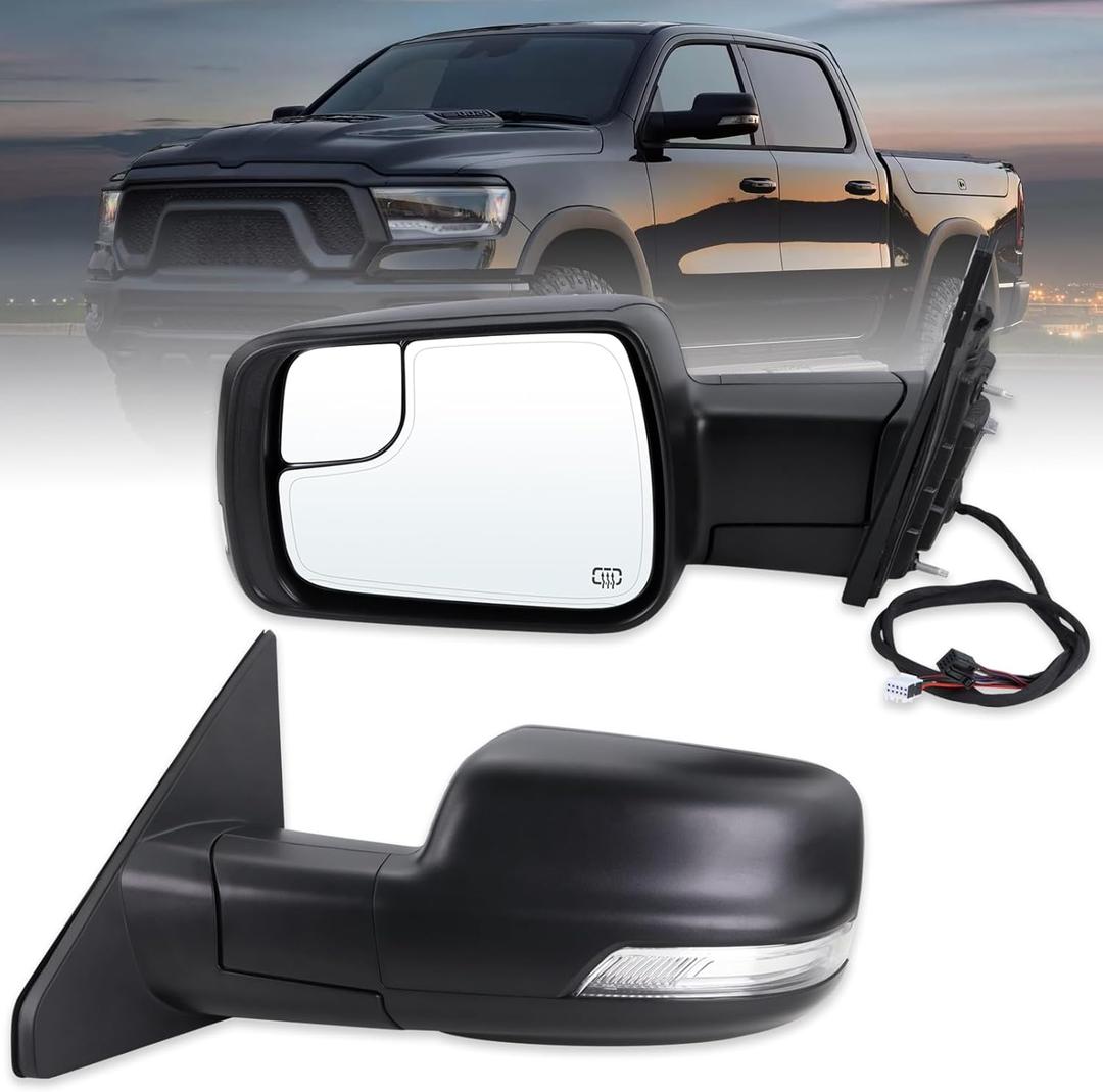 Left Driver Side Mirror Compatible With 2019-2025 Ram 1500 With Power Folding Power Glass Heated Turn Signal Puddle Lights Temperature Sensor Matte Black Replace#68462769AB(14Pins)