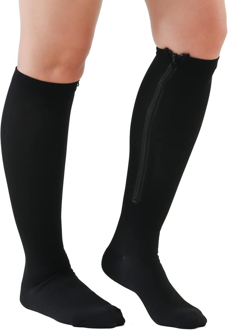 2 Pairs Medical Zipper Compression Socks 15-20mmHg for Women&Men, Knee High Compression Stockings (X-Large, Black)