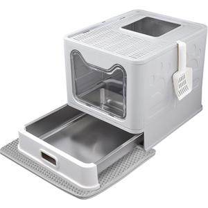 Enclosed Cat Litter Box with Lid Top Exit Covered Metal Stainless Steel Litter Box Leak Proof & Odorless Easy to Clean Including Cat Litter Scoop and Litter Mat (One Size, Gray)