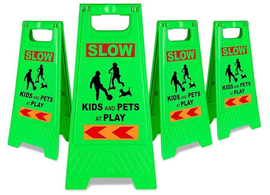 XPCARE Kids Playing Sign - Street Safety Sign with Reflective Tapes, Caution Slow Down, Kids & Pets at Play Warning (4PACK-Green)