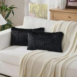 Animebody Set of 2 Decorative Throw Pillow Covers Luxury Fluffy Faux Fur Cozy Cushion Cover Pillowcase for Couch Sofa Bed Living Room Home Decor Black-12 * 20inch