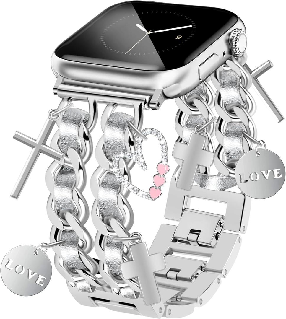 Silver Watch Bands for Women Compatible with Apple Watch Band 38mm 40mm 41mm 42mm (S11/10) Adjustable Unique Charms Metal Strap Cowboy Chain Bracelet for iWatch Series 11/10/9/8/7/6/5/4/3/2/1/SE
