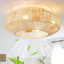 20'' Boho Rattan Ceiling Fan with Light, Coastal Caged Ceiling Fans with Lights and Remote Control, Enclosed Hidden Flush Mount with Reversible 6 Speeds for Living Room Bedroom Nursery