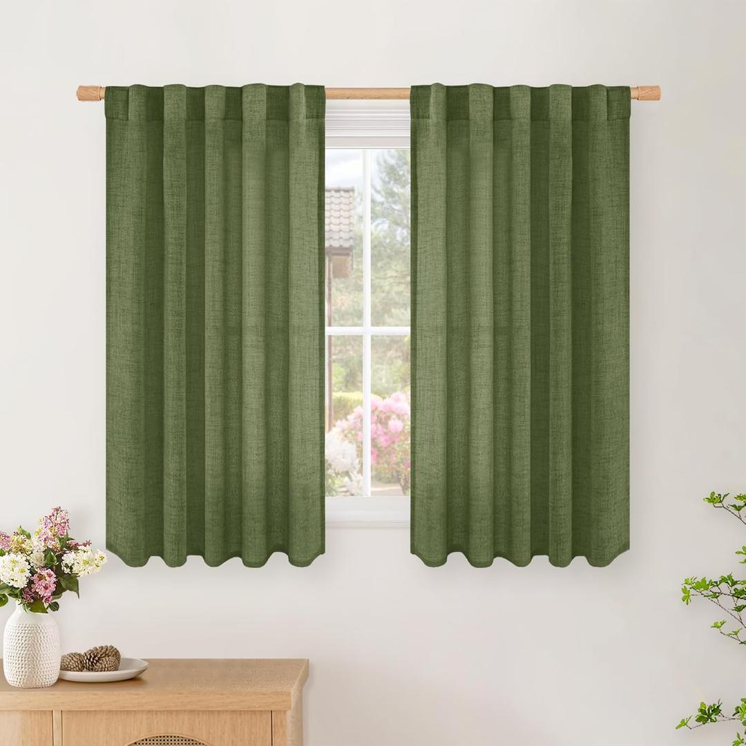 BGment Short Olive Linen Curtains 45 Inches Long for Cafe Windows, Dark Green Textured Drapes Decor for Kitchen Office Rod Pocket and Back Tab Sheer Light Filtering, 2 Panel, 42 Inch Wide Each Panel