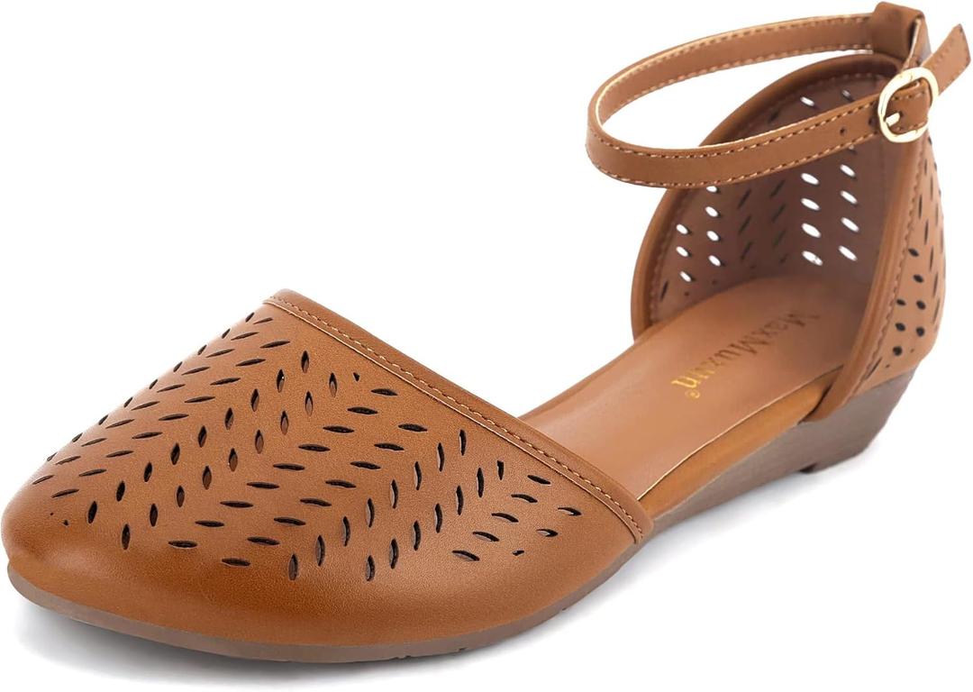MaxMuxun Womens Roman Ankle Strap Cage Closed Toe Flat Sandals (9, Brown)