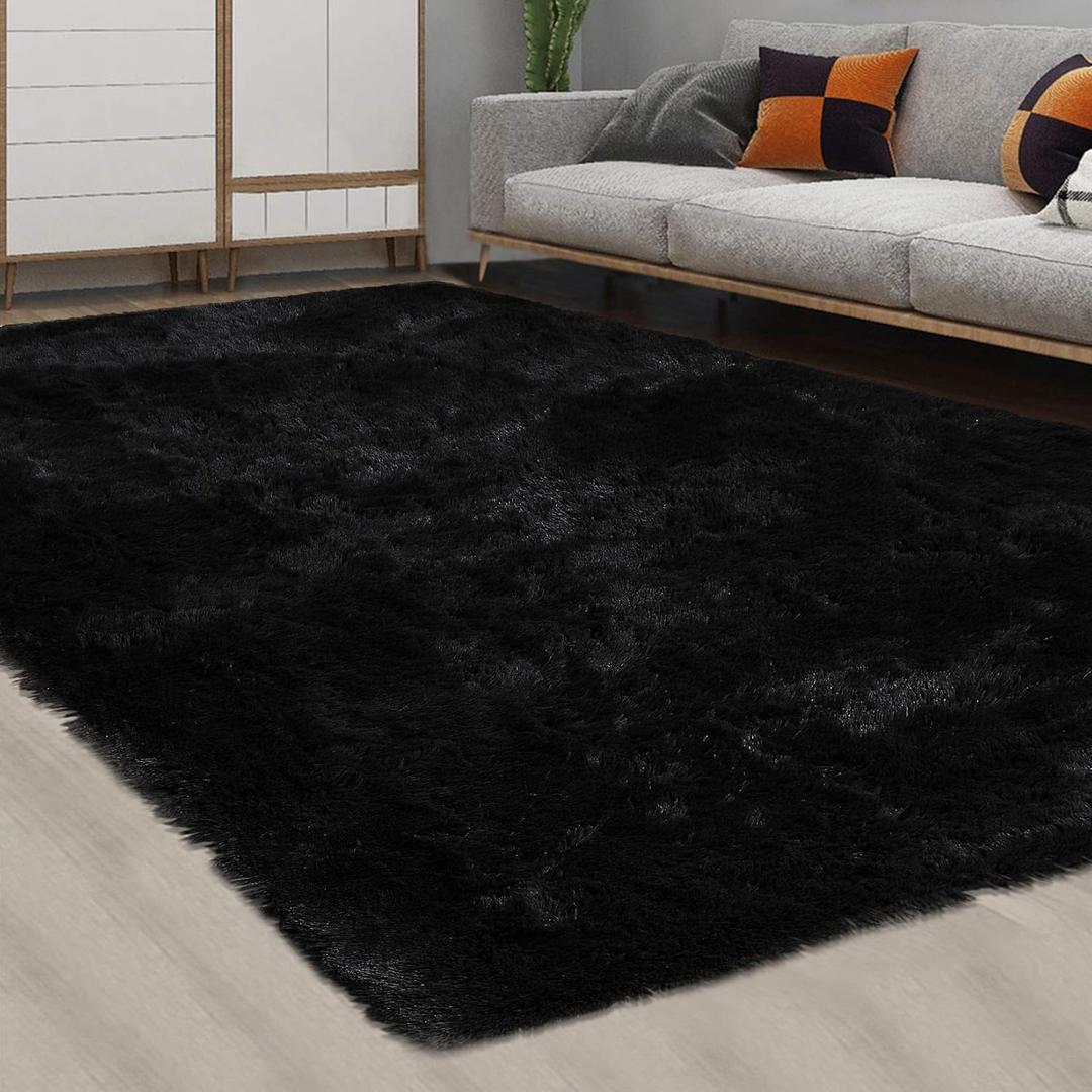 12x10 Fluffy Area Rugs Extra Large Plush and Thick Faux Fur Shag Rug for Living Room Non-Slip Non-Shedding Accent Rug Carpet for Bedroom, Fuzzy Shaggy Rugs for Kids Nursery Dorm, Black