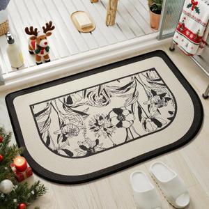 YDKGL Half Circle Bath Mat, Thin Bathroom Rugs Fit Under Door Quick Dry Non Slip Washable Bathroom Mat with Rubber Backing, Absorbent Half Round Shower Rug (20 X 31, C- Flower Black)